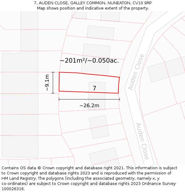 7, AUDEN CLOSE, GALLEY COMMON, NUNEATON, CV10 9RP: Plot and title map