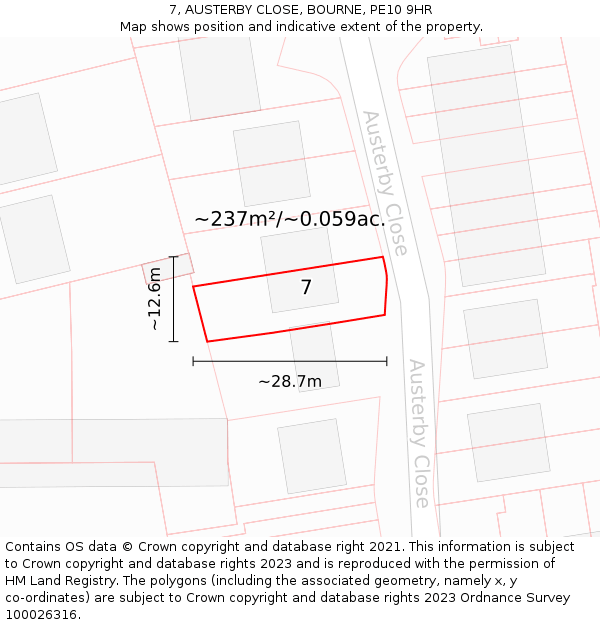 7, AUSTERBY CLOSE, BOURNE, PE10 9HR: Plot and title map