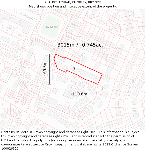 7, AUSTIN DRIVE, CHORLEY, PR7 3DF: Plot and title map