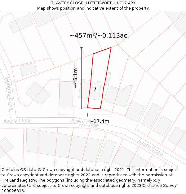 7, AVERY CLOSE, LUTTERWORTH, LE17 4PX: Plot and title map