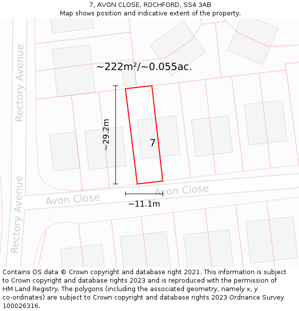 7, AVON CLOSE, ROCHFORD, SS4 3AB: Plot and title map