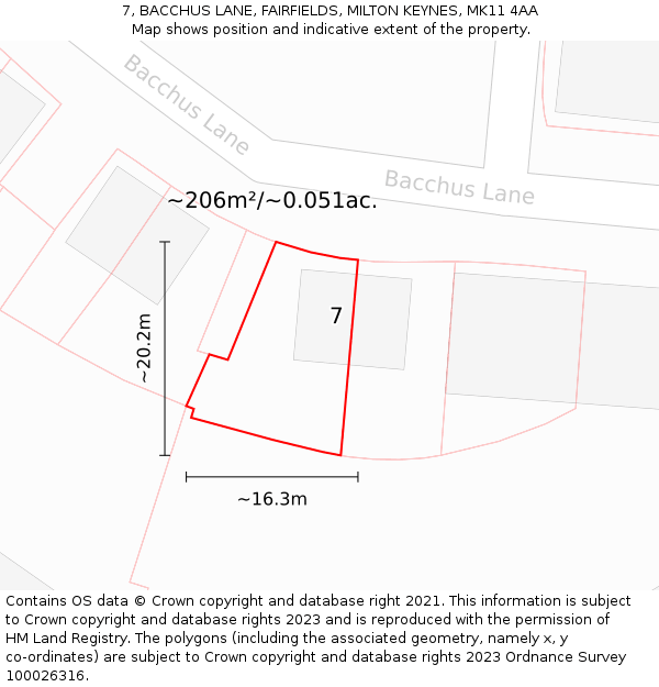 7, BACCHUS LANE, FAIRFIELDS, MILTON KEYNES, MK11 4AA: Plot and title map
