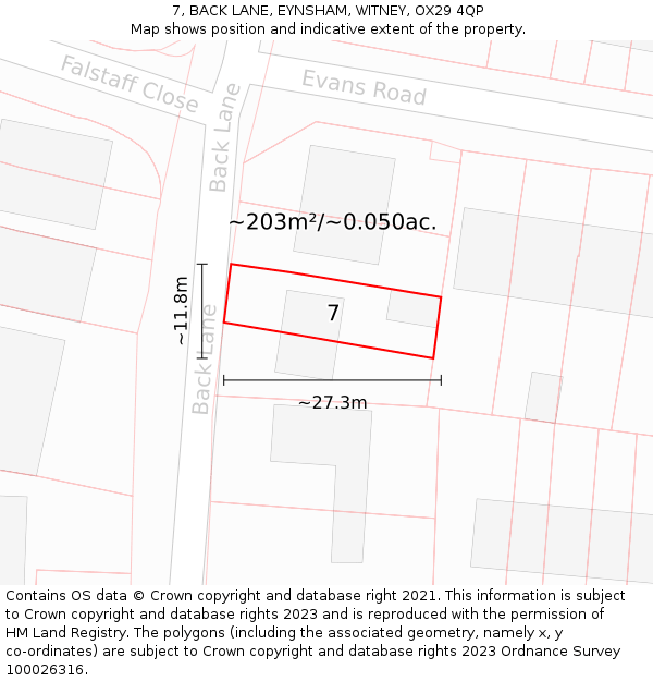 7, BACK LANE, EYNSHAM, WITNEY, OX29 4QP: Plot and title map