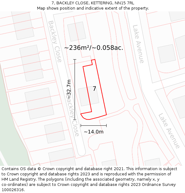 7, BACKLEY CLOSE, KETTERING, NN15 7RL: Plot and title map