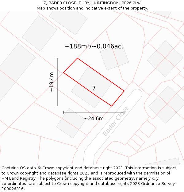7, BADER CLOSE, BURY, HUNTINGDON, PE26 2LW: Plot and title map