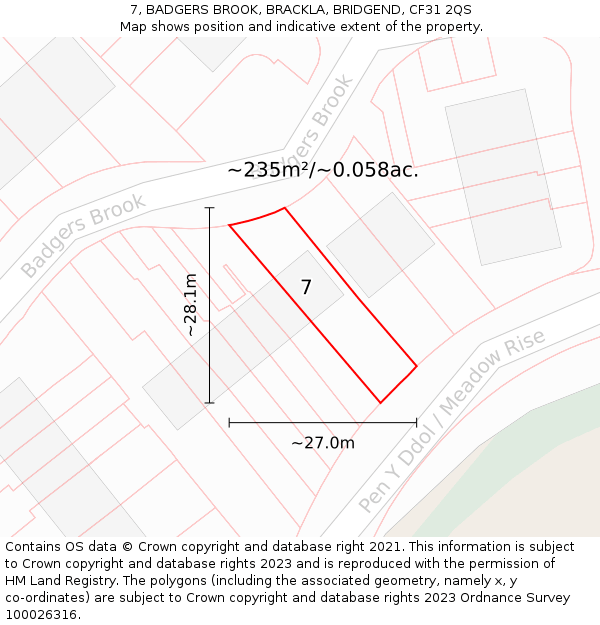 7, BADGERS BROOK, BRACKLA, BRIDGEND, CF31 2QS: Plot and title map