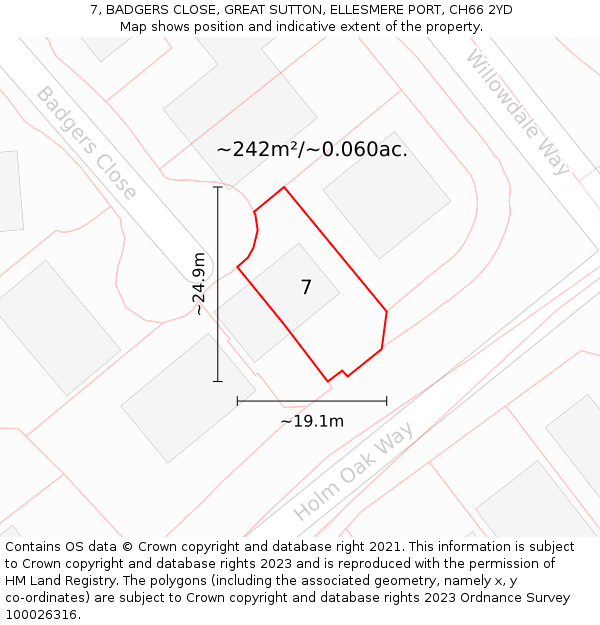 7, BADGERS CLOSE, GREAT SUTTON, ELLESMERE PORT, CH66 2YD: Plot and title map