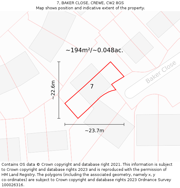 7, BAKER CLOSE, CREWE, CW2 8GS: Plot and title map