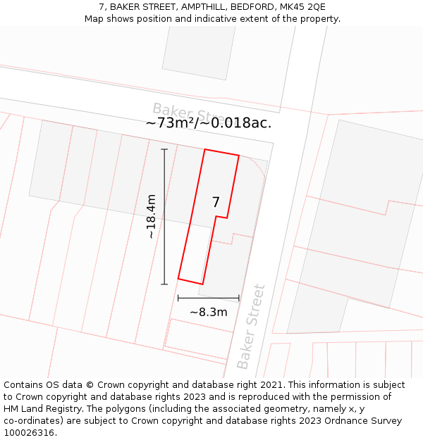 7, BAKER STREET, AMPTHILL, BEDFORD, MK45 2QE: Plot and title map
