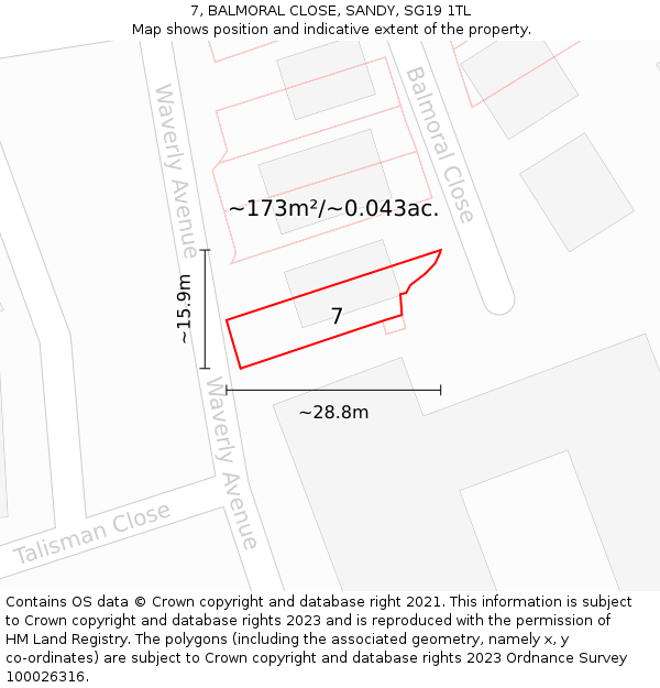 7, BALMORAL CLOSE, SANDY, SG19 1TL: Plot and title map