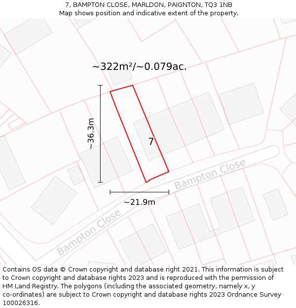 7, BAMPTON CLOSE, MARLDON, PAIGNTON, TQ3 1NB: Plot and title map
