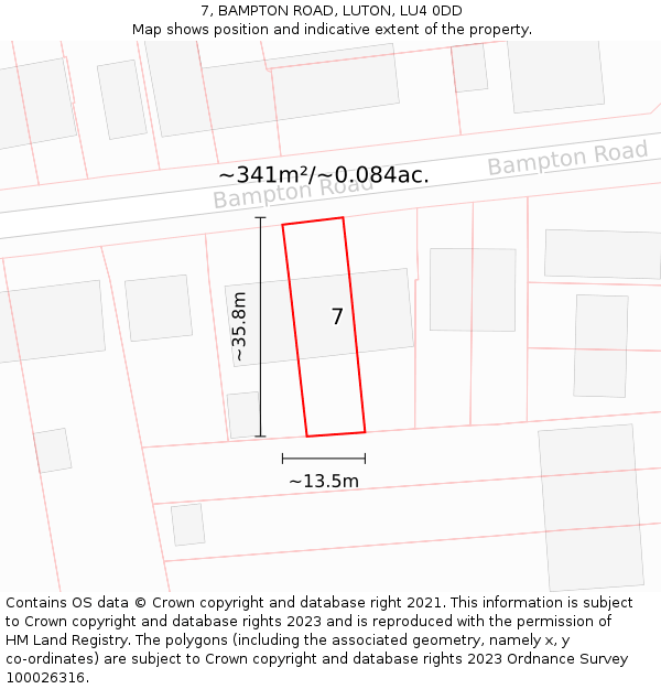 7, BAMPTON ROAD, LUTON, LU4 0DD: Plot and title map