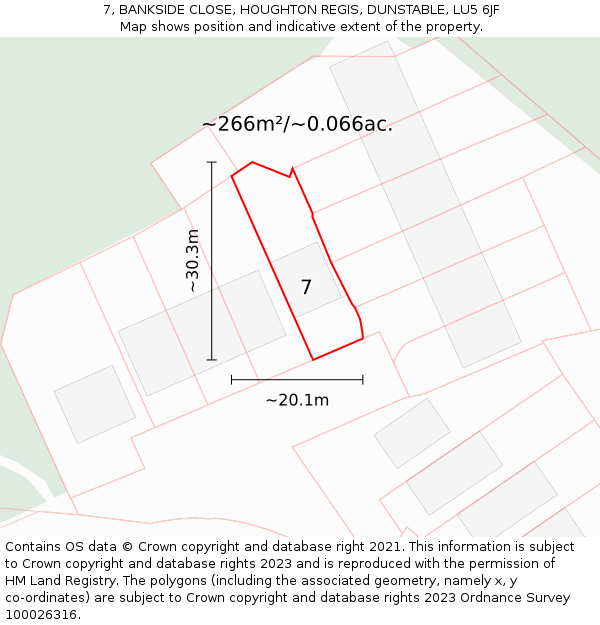 7, BANKSIDE CLOSE, HOUGHTON REGIS, DUNSTABLE, LU5 6JF: Plot and title map