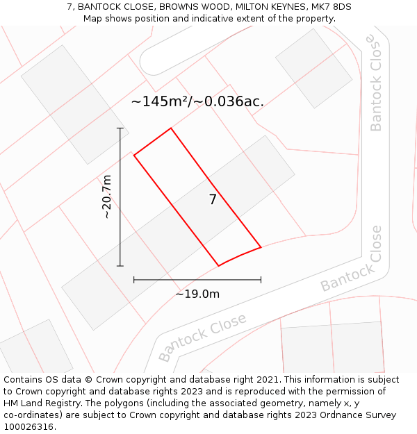 7, BANTOCK CLOSE, BROWNS WOOD, MILTON KEYNES, MK7 8DS: Plot and title map