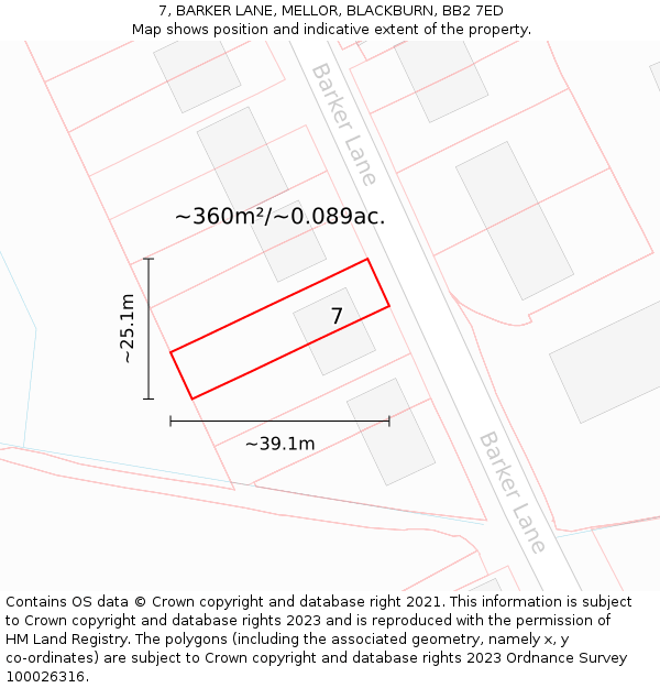 7, BARKER LANE, MELLOR, BLACKBURN, BB2 7ED: Plot and title map
