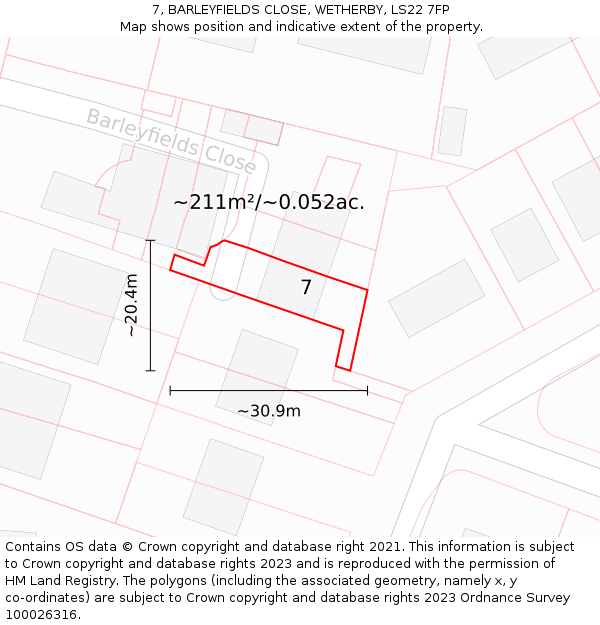 7, BARLEYFIELDS CLOSE, WETHERBY, LS22 7FP: Plot and title map