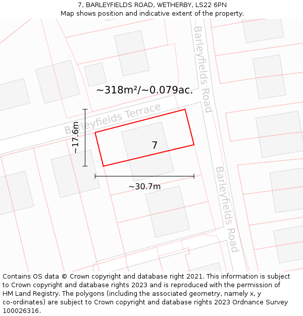 7, BARLEYFIELDS ROAD, WETHERBY, LS22 6PN: Plot and title map