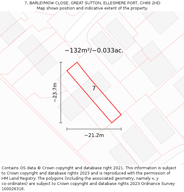 7, BARLEYMOW CLOSE, GREAT SUTTON, ELLESMERE PORT, CH66 2HD: Plot and title map
