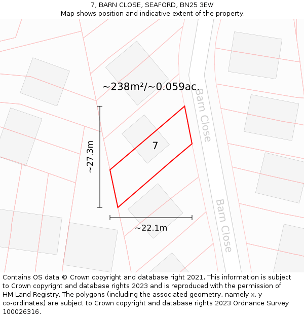 7, BARN CLOSE, SEAFORD, BN25 3EW: Plot and title map