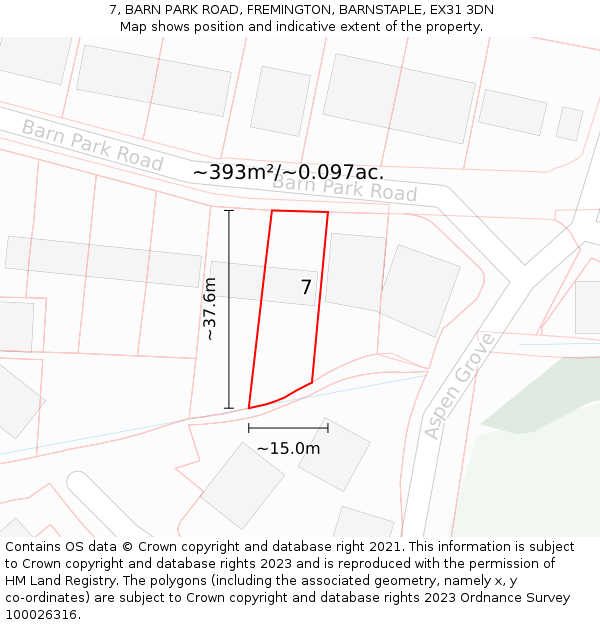 7, BARN PARK ROAD, FREMINGTON, BARNSTAPLE, EX31 3DN: Plot and title map