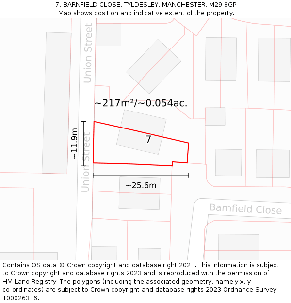 7, BARNFIELD CLOSE, TYLDESLEY, MANCHESTER, M29 8GP: Plot and title map