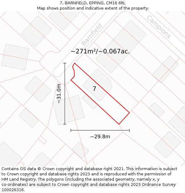 7, BARNFIELD, EPPING, CM16 6RL: Plot and title map