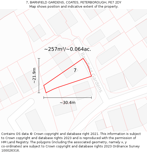 7, BARNFIELD GARDENS, COATES, PETERBOROUGH, PE7 2DY: Plot and title map