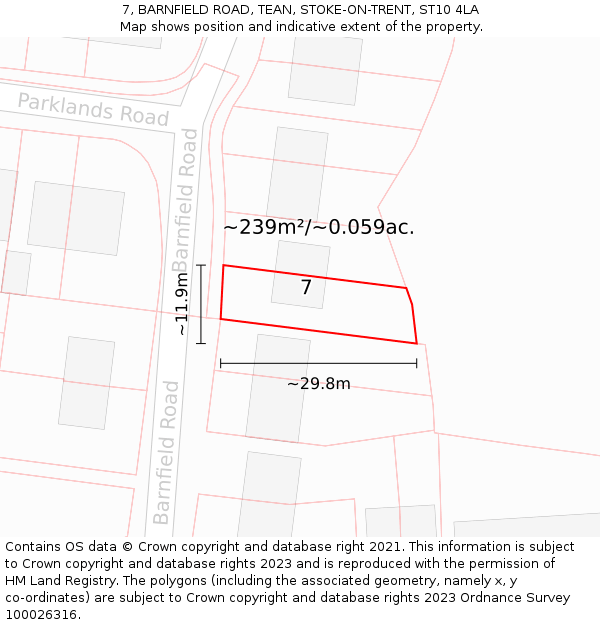 7, BARNFIELD ROAD, TEAN, STOKE-ON-TRENT, ST10 4LA: Plot and title map