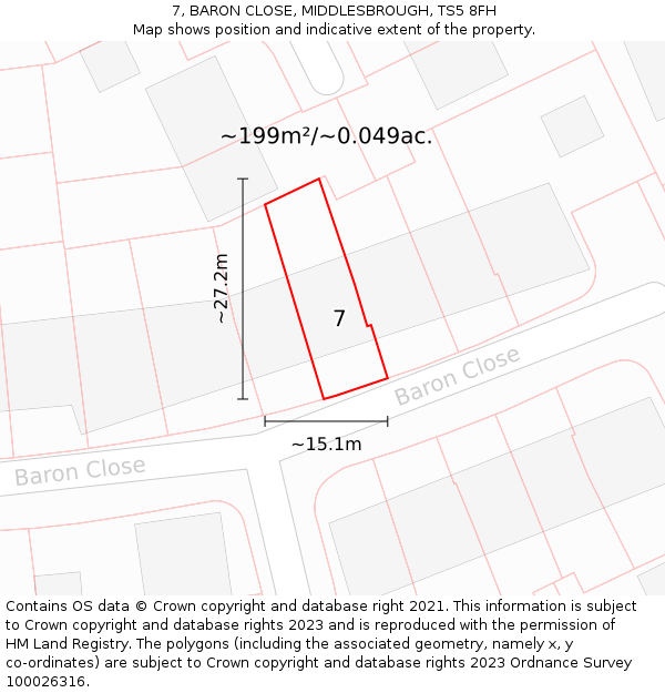 7, BARON CLOSE, MIDDLESBROUGH, TS5 8FH: Plot and title map
