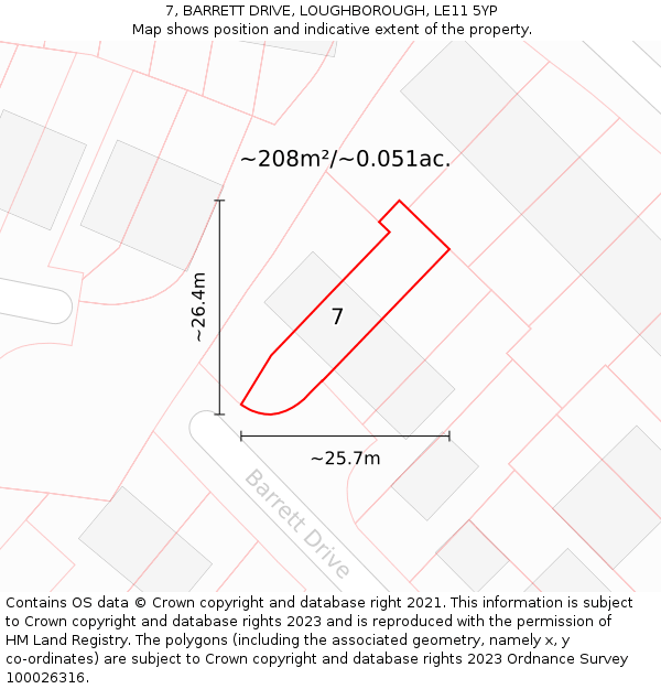 7, BARRETT DRIVE, LOUGHBOROUGH, LE11 5YP: Plot and title map