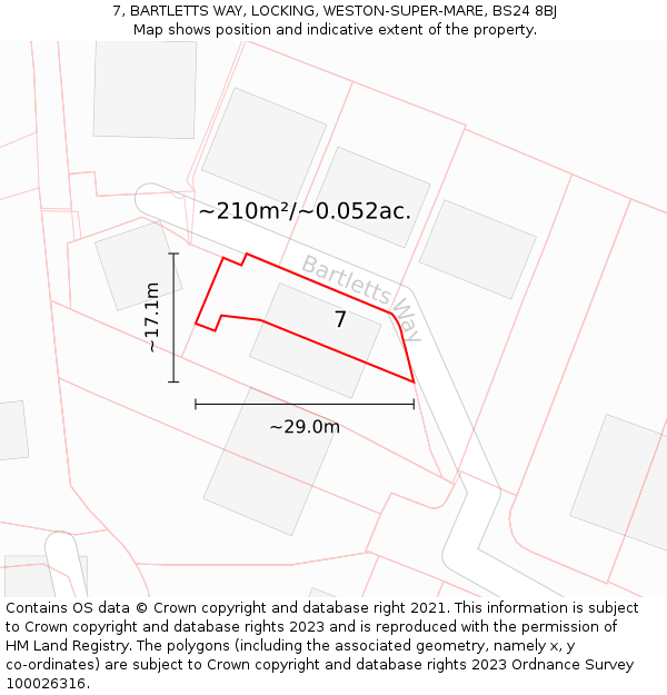 7, BARTLETTS WAY, LOCKING, WESTON-SUPER-MARE, BS24 8BJ: Plot and title map