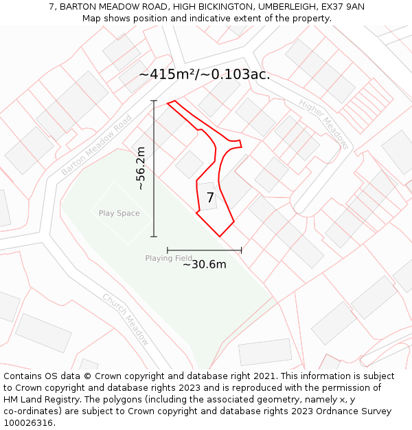 7, BARTON MEADOW ROAD, HIGH BICKINGTON, UMBERLEIGH, EX37 9AN: Plot and title map