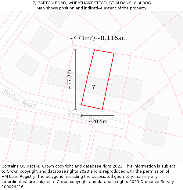 7, BARTON ROAD, WHEATHAMPSTEAD, ST ALBANS, AL4 8QG: Plot and title map