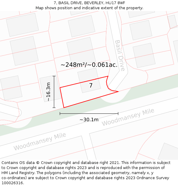 7, BASIL DRIVE, BEVERLEY, HU17 8WF: Plot and title map