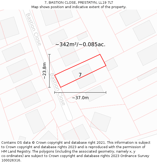 7, BASTION CLOSE, PRESTATYN, LL19 7LT: Plot and title map