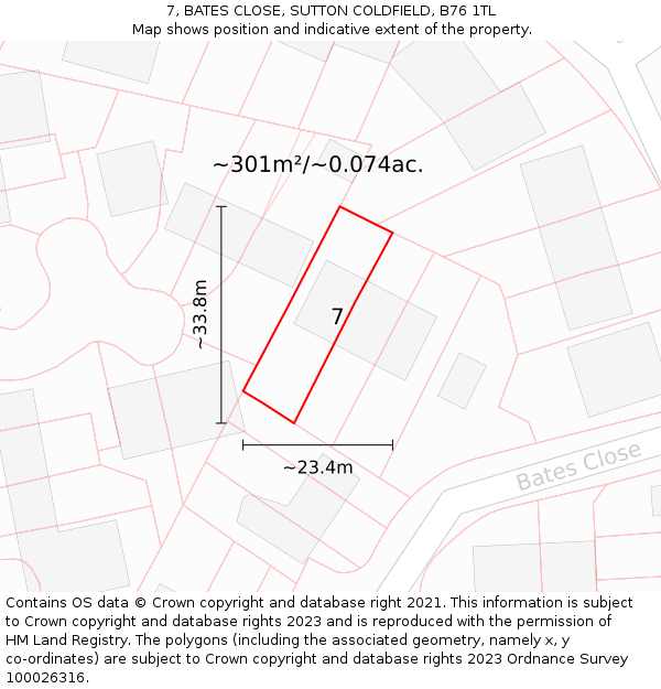 7, BATES CLOSE, SUTTON COLDFIELD, B76 1TL: Plot and title map