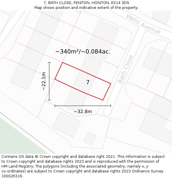 7, BATH CLOSE, FENITON, HONITON, EX14 3DS: Plot and title map