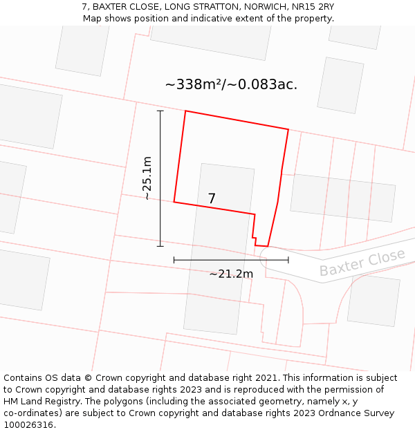 7, BAXTER CLOSE, LONG STRATTON, NORWICH, NR15 2RY: Plot and title map