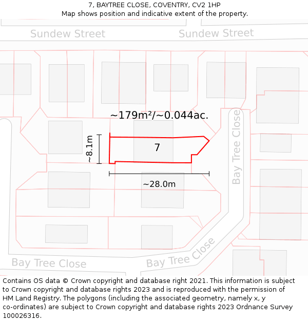 7, BAYTREE CLOSE, COVENTRY, CV2 1HP: Plot and title map