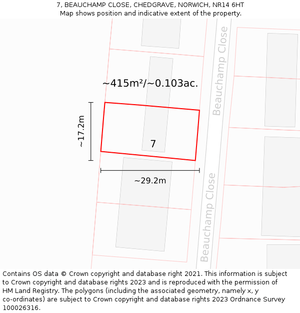 7, BEAUCHAMP CLOSE, CHEDGRAVE, NORWICH, NR14 6HT: Plot and title map