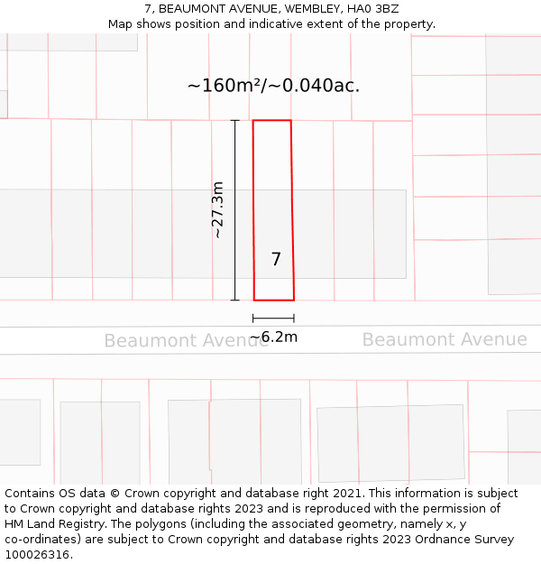 7, BEAUMONT AVENUE, WEMBLEY, HA0 3BZ: Plot and title map