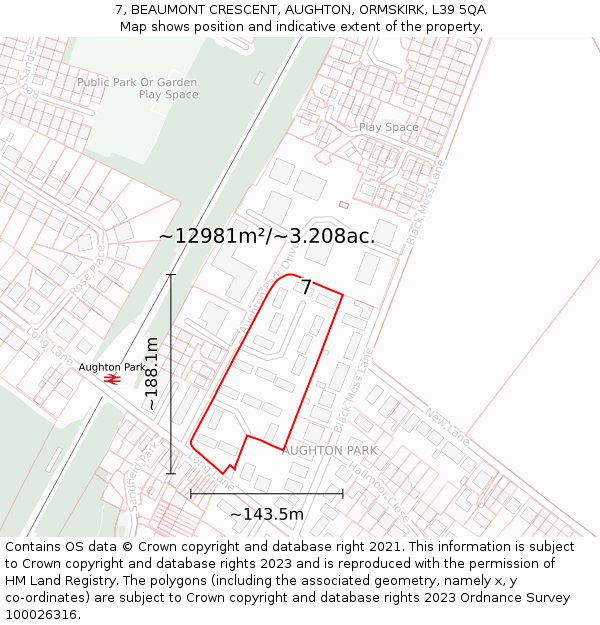 7, BEAUMONT CRESCENT, AUGHTON, ORMSKIRK, L39 5QA: Plot and title map