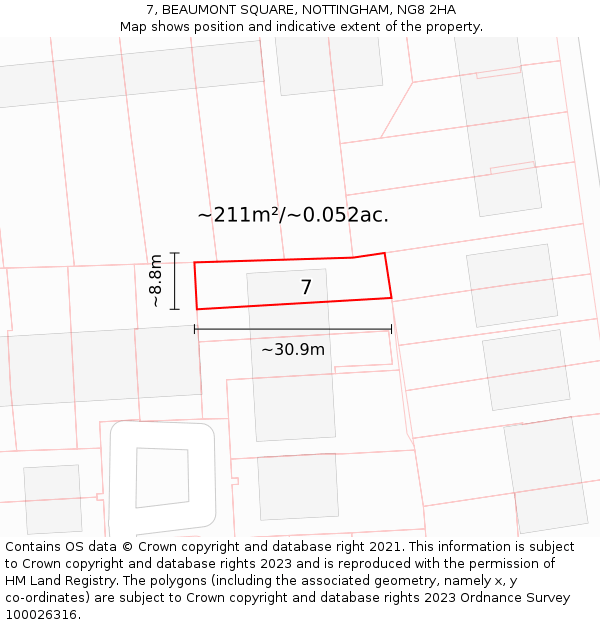 7, BEAUMONT SQUARE, NOTTINGHAM, NG8 2HA: Plot and title map