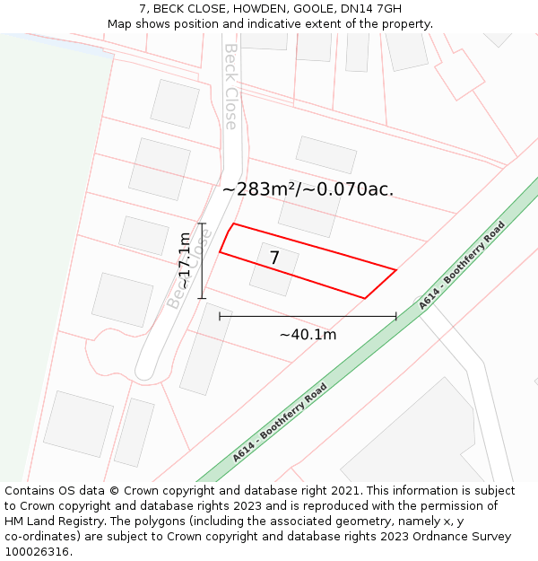 7, BECK CLOSE, HOWDEN, GOOLE, DN14 7GH: Plot and title map