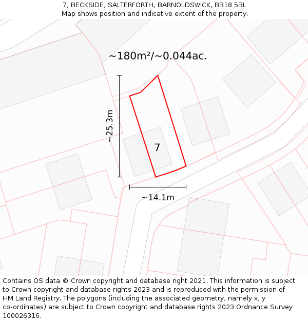 7, BECKSIDE, SALTERFORTH, BARNOLDSWICK, BB18 5BL: Plot and title map