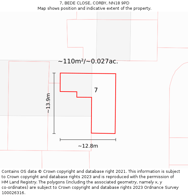 7, BEDE CLOSE, CORBY, NN18 9PD: Plot and title map