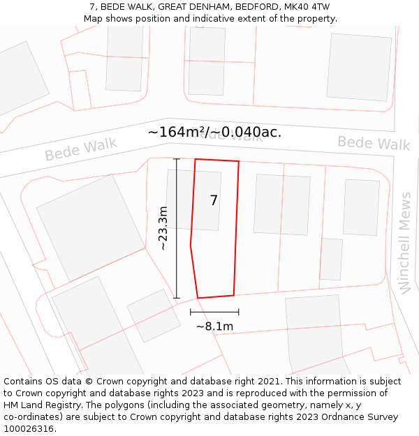 7, BEDE WALK, GREAT DENHAM, BEDFORD, MK40 4TW: Plot and title map