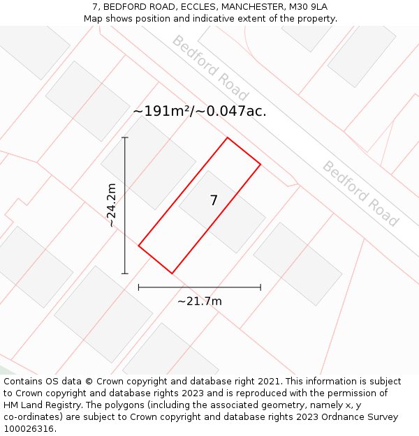 7, BEDFORD ROAD, ECCLES, MANCHESTER, M30 9LA: Plot and title map