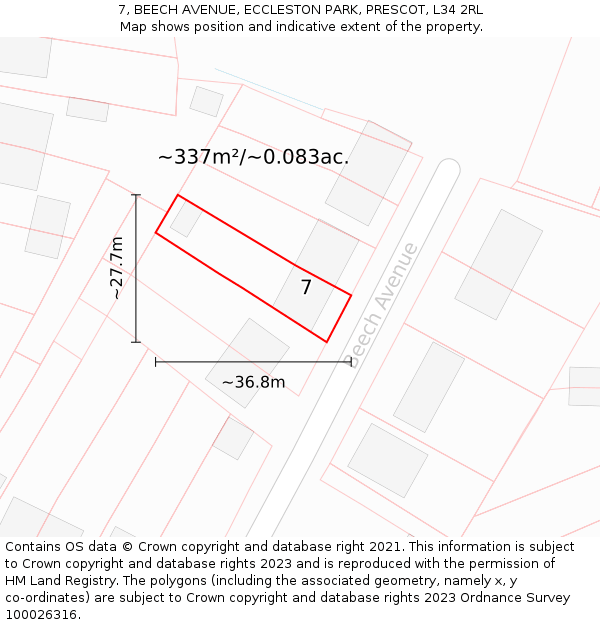 7, BEECH AVENUE, ECCLESTON PARK, PRESCOT, L34 2RL: Plot and title map