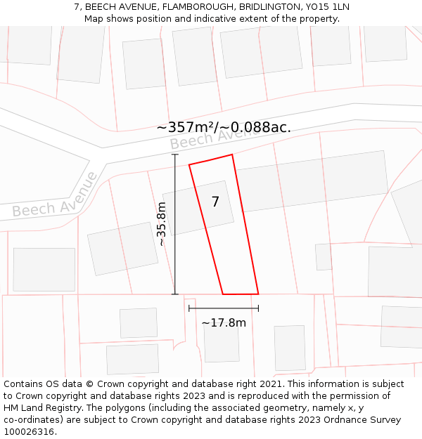 7, BEECH AVENUE, FLAMBOROUGH, BRIDLINGTON, YO15 1LN: Plot and title map